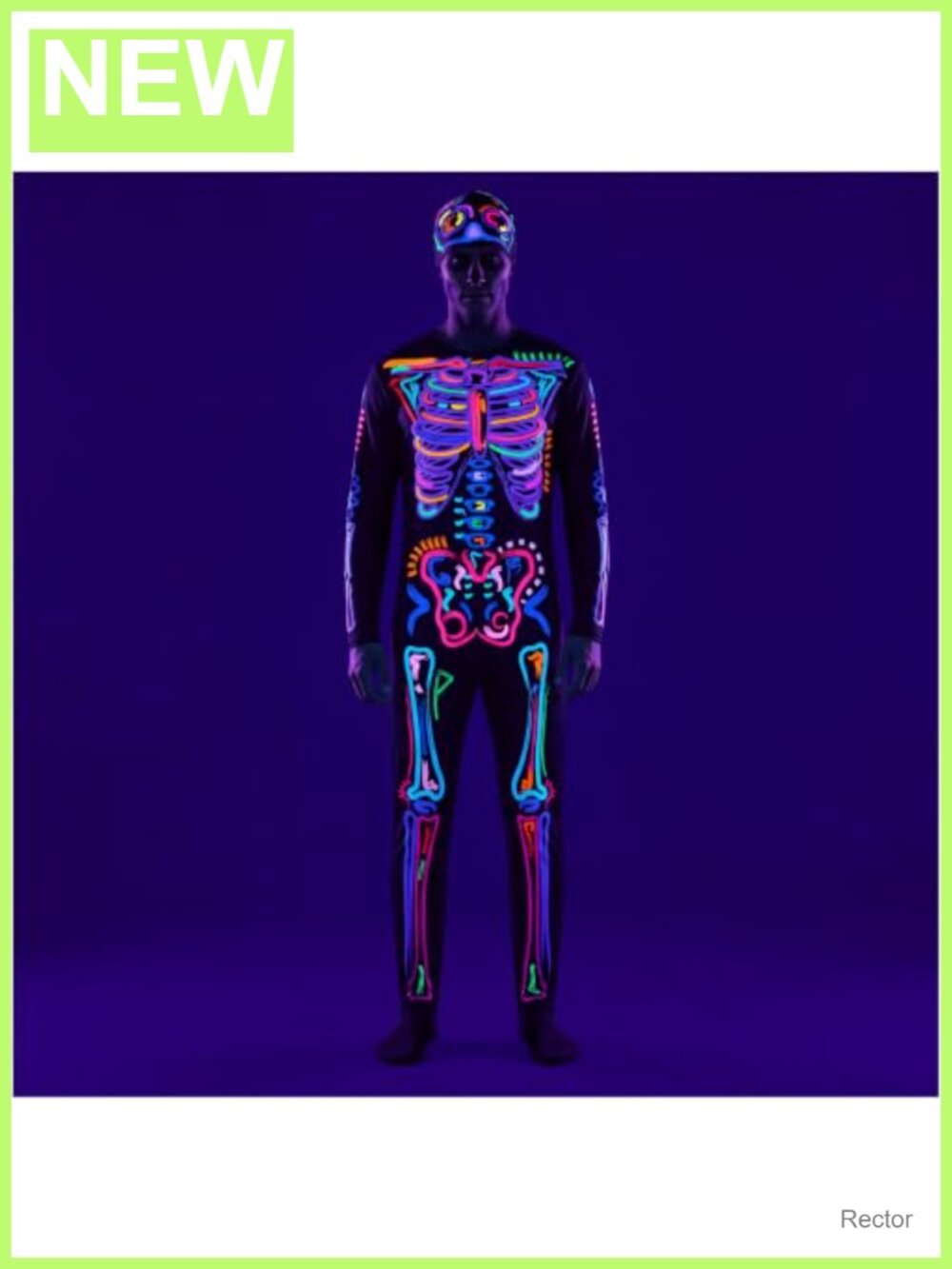 Skeleton Halloween Costume with Hat, Blacklight UV Rainbow